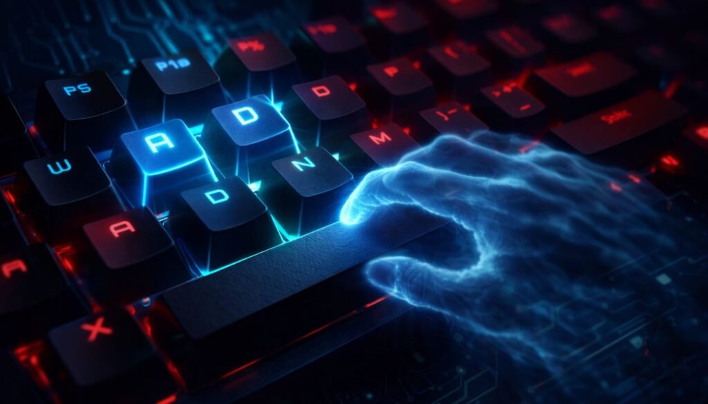 Close-up de um teclado gamer mecânico com teclas iluminadas e uma tecla de espaço apagada, ilustrando o efeito de Ghosting onde teclas não são registradas.