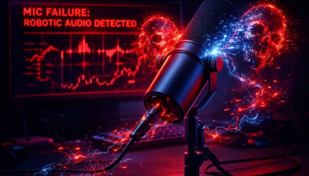 Close-up dramático de um microfone gamer com iluminação neon vermelha e azul, mostrando ondas sonoras com glitch e formas robóticas, simbolizando má qualidade de áudio. Um monitor ao fundo exibe o aviso "MIC FAILURE: ROBOTIC AUDIO". Imagem ilustrativa para o artigo sobre como consertar a qualidade ruim do microfone (Fix Bad Mic Quality).
