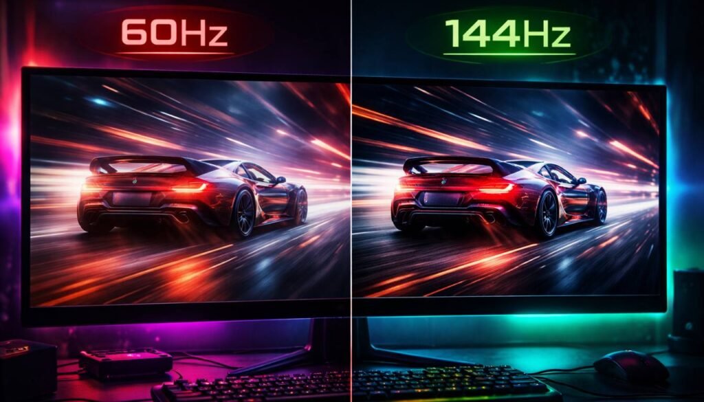 Comparação visual dividida entre um monitor rodando a 60Hz com desfoque e um a 144Hz com imagem nítida, ilustrando a diferença de taxa de atualização.